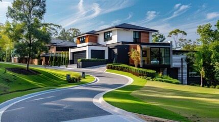 Obraz premium Elegant suburban home with a long, winding driveway and a striking contrast of black and white in the facade