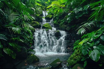 Fototapeta premium A serene waterfall surrounded by dense foliage, perfect for nature photography or landscape art