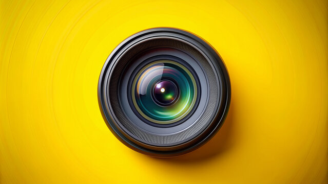 Vibrant yellow background highlights a sleek camera lens, symbolizing the intersection of art and technology, perfect for World Photography Day generative AI illustration.