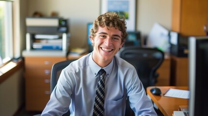 Fototapeta premium a cheerful IT specialist in professional attire, smiling warmly.