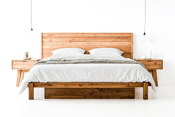 Modern wooden bed with white bedding in minimal bedroom