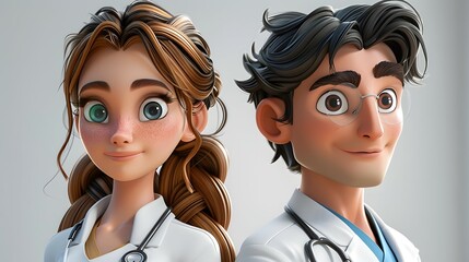 3d avatar of male and female medics. 3d avatar of doctors, nurses in white uniforms. Therapist of emergency medical care. Medical staff