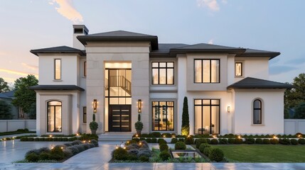 Front view of a luxury suburban home with a minimalist approach, featuring clean lines and a neutral color palette Ensure room for text