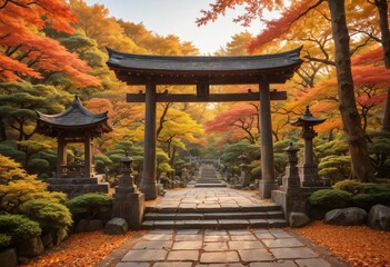 Obraz premium Traditional Japanese shrine with ornate torii gate and stone lanterns, framed by vibrant autumn foliage and bathed in the golden light of sunset 