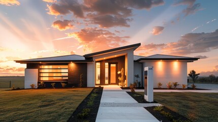 Front view of a minimalist suburban home with dynamic angles and a hidden entrance, set during a sunset Include space for text