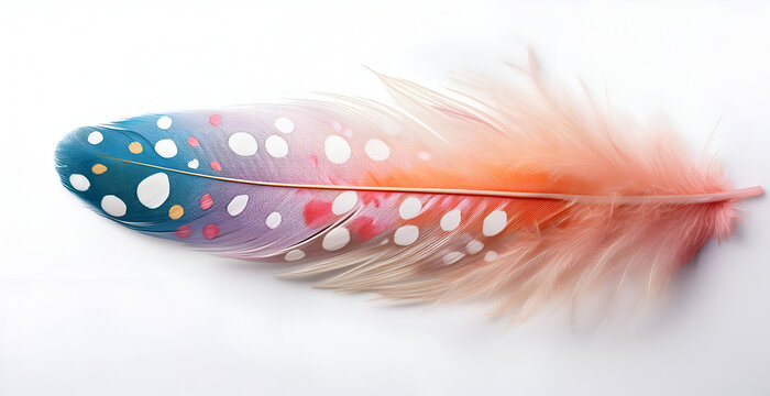 Single Colorful Spotted Feather on White Background
