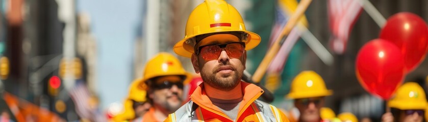 Labor Day parade in America, workers marching with hammers, festive atmosphere with flags and balloons