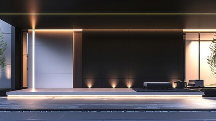 Obraz premium Front view of a modern luxury home with a minimalist design, featuring a black and white color scheme and subtle exterior lighting Space for text