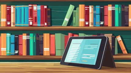 Digital Tablet in Front of Bookshelves