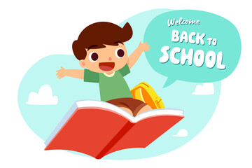 boy with backpack riding flying book to school