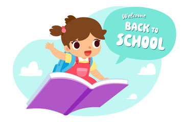 girl with backpack riding flying book to school