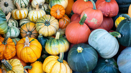 Colorful variety of fresh squash and pumpkins