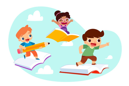 kids riding flying book in the sky