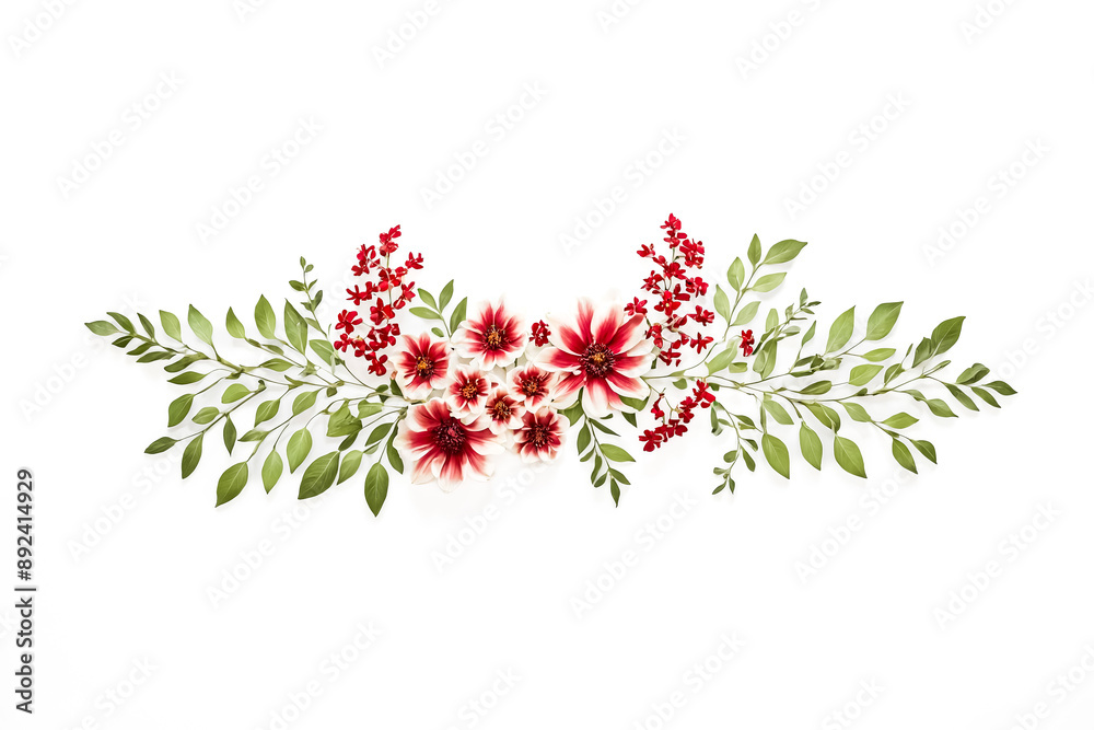 Wall mural Floral Arrangement with Red and White Flowers and Green Leaves