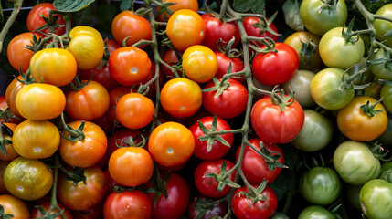 Colorful variety of fresh tomatoes on the vine