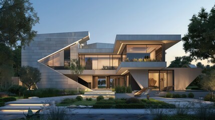 Front view of a modern suburban home with an understated luxury design, featuring angular architecture and a hidden entrance