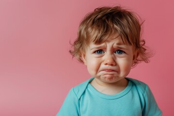 Fototapeta premium Portrait of a Crying Toddler on Pink Background
