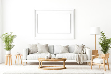 Naklejka premium Minimalist Living Room with White Sofa and Wooden Accents