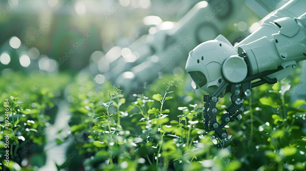 Wall mural robot arm tending to plants in a green field.