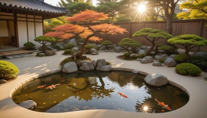Zen garden with carefully raked gravel, neatly trimmed bonsai trees, and a serene koi pond, set under the warm glow of late afternoon sunlight
