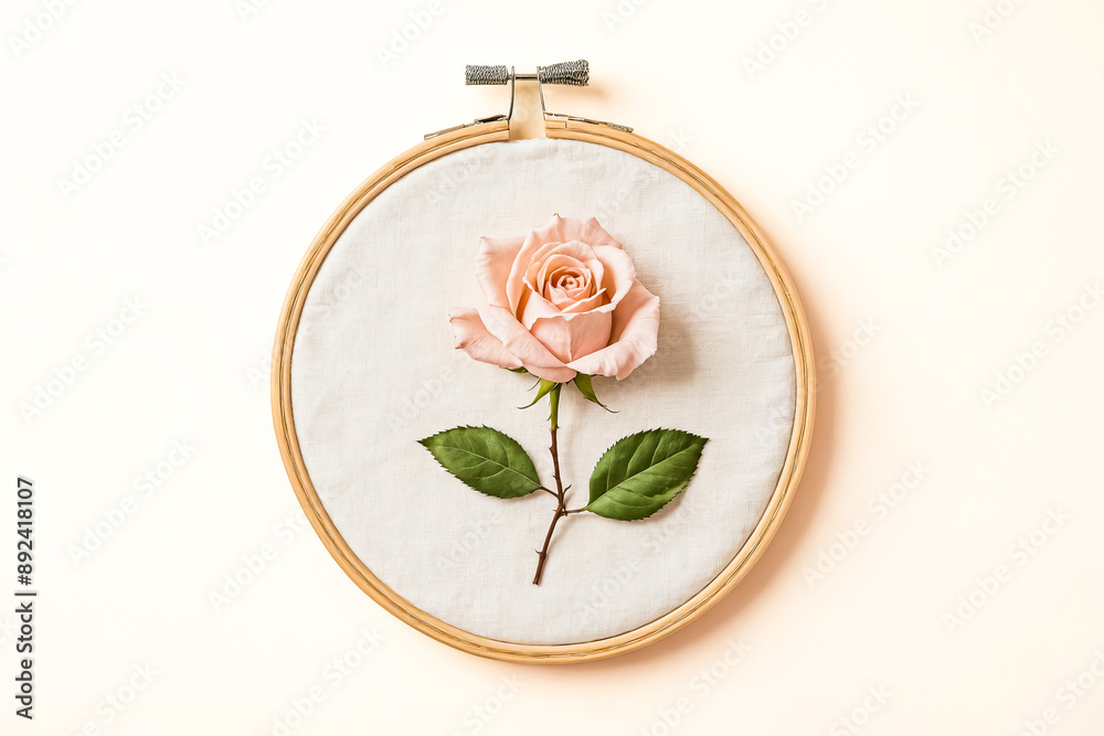 Wall mural Single Pink Rose in Embroidery Hoop