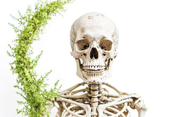 Human Skeleton with Green Plant on White Background