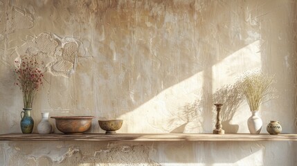 Country Shelf with Ceramic Bowls and Vases on Stucco Wall