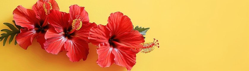 Fototapeta premium Vibrant Red Hibiscus Blossom on Yellow Background, Tropical Beauty in Focus<br>