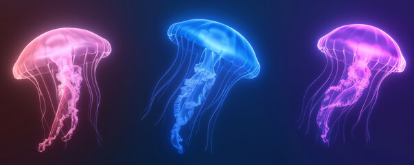 A vibrant image of three neon-colored jellyfish glowing in pink, blue, and purple on a dark background. Beautiful underwater bioluminescence.