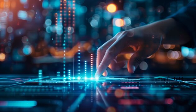 Business Intelligence Implementation, AIdriven holographic data tools, sleek modern business setting
