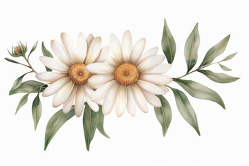 Fototapeta premium Beautiful illustration of white daisies with green leaves, perfect for nature-themed designs or floral decorations.