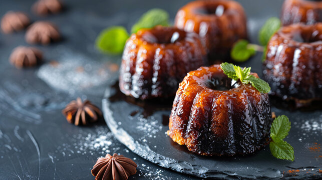Freshly baked canneles with a dark caramelized crust