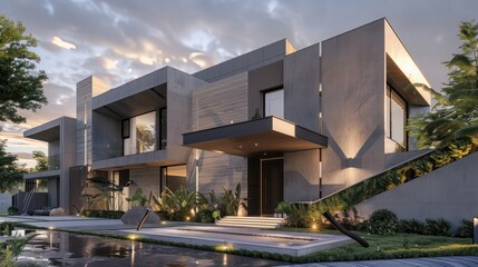 Fototapeta premium Front view of a modern suburban home with an understated luxury design, featuring angular architecture and a hidden entrance
