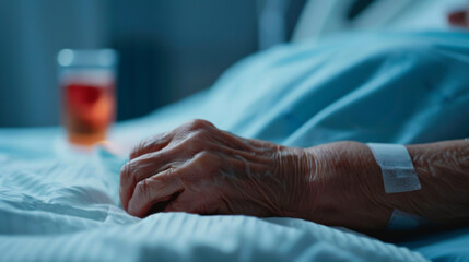 Elderly patient resting in a hospital bed with a wristband, showing the close-up hand and medical environment for healthcare concept.