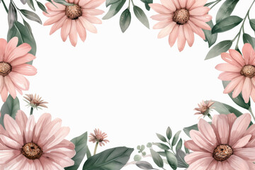 Obraz premium Elegant floral frame with pink flowers and green leaves, perfect for invitations, greeting cards, and decorative design projects.
