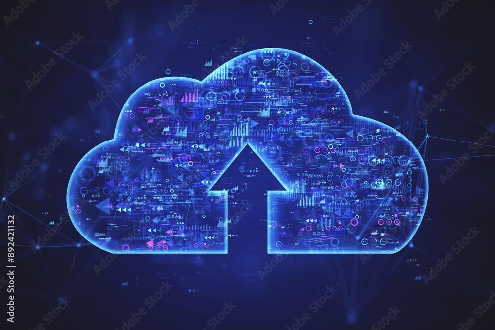 Aufkleber Digital cloud upload icon with technology elements on dark background. 3D Rendering