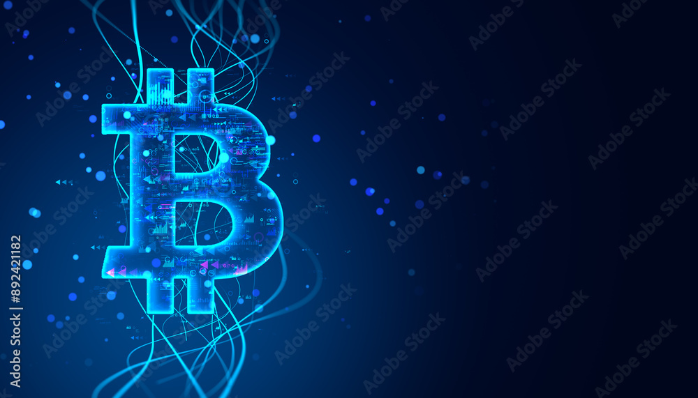Poster Neon Bitcoin symbol on dark digital background. 3D Rendering