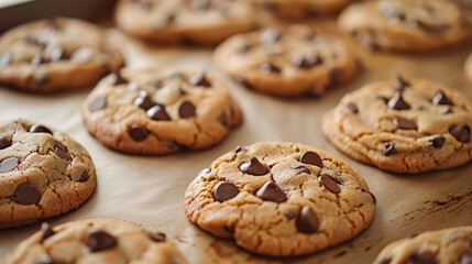 Freshly baked chocolate chip cookies cooling on a baking sheet