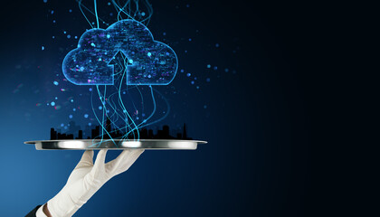 Hand presenting digital cloud with cityscape on dark background.