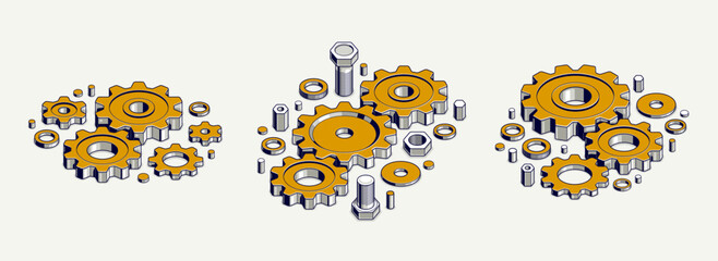 Industry and manufacturing concept set, gears and cogs composition isometric 3D vector illustration, cogwheels system technology and technics machinery engine.