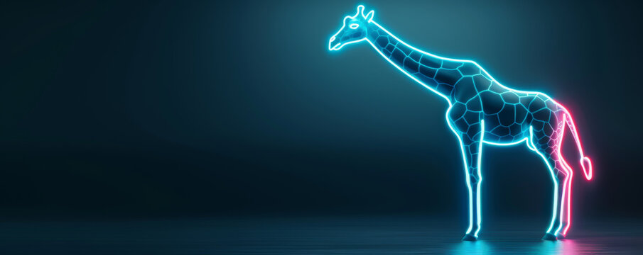 Futuristic neon giraffe hologram in dark room, abstract digital art showcasing low-poly design, glowing in blue and pink light.