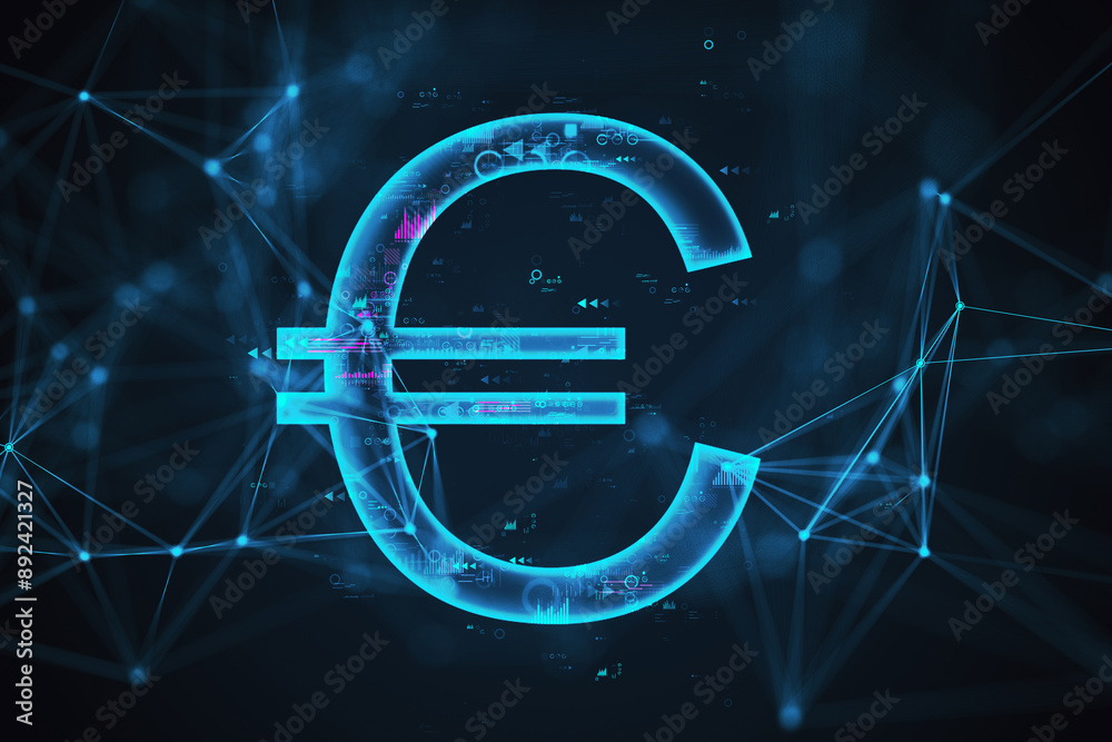Poster Neon Euro Symbol with Digital Graphics on Dark Background. 3D Rendering