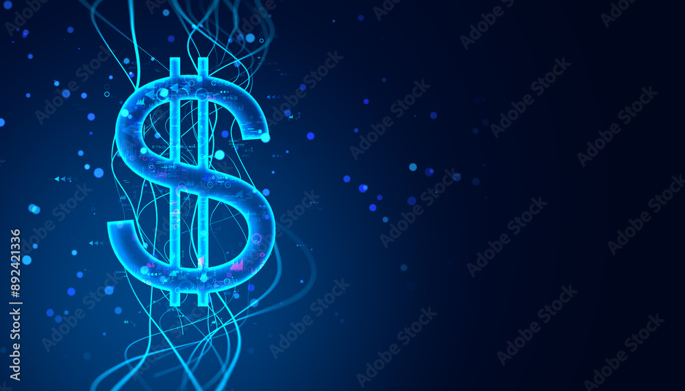 Poster Glowing Dollar Sign with Abstract Digital Elements on Dark Background. 3D Rendering