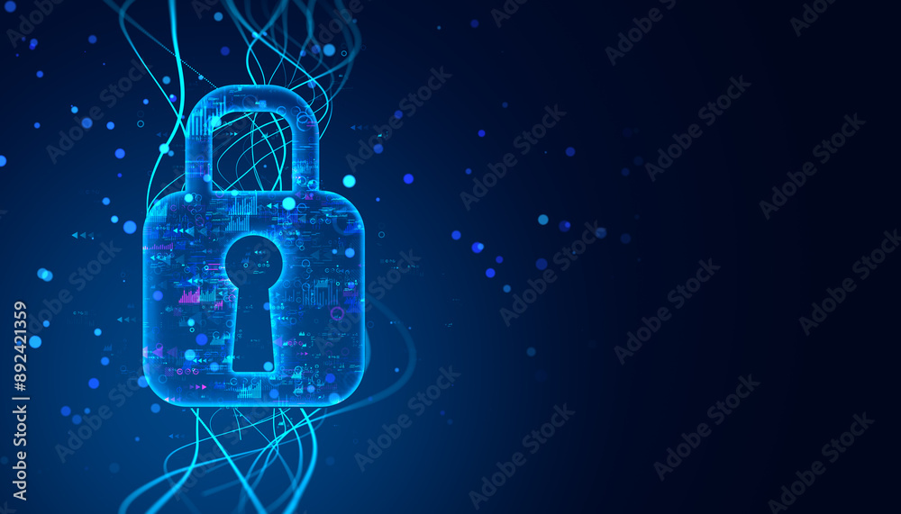 Poster Neon lock symbol with digital circuits on dark blue background. 3D Rendering