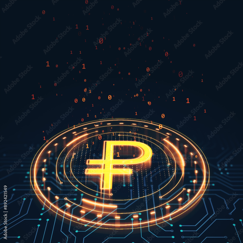 Aufkleber Glowing Digital Ruble Symbol with Binary Code on Dark Tech Background. 3D Rendering