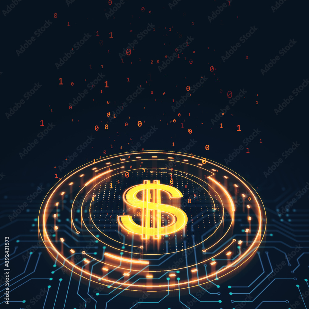 Aufkleber Digital dollar sign with binary code on dark background. 3D Rendering