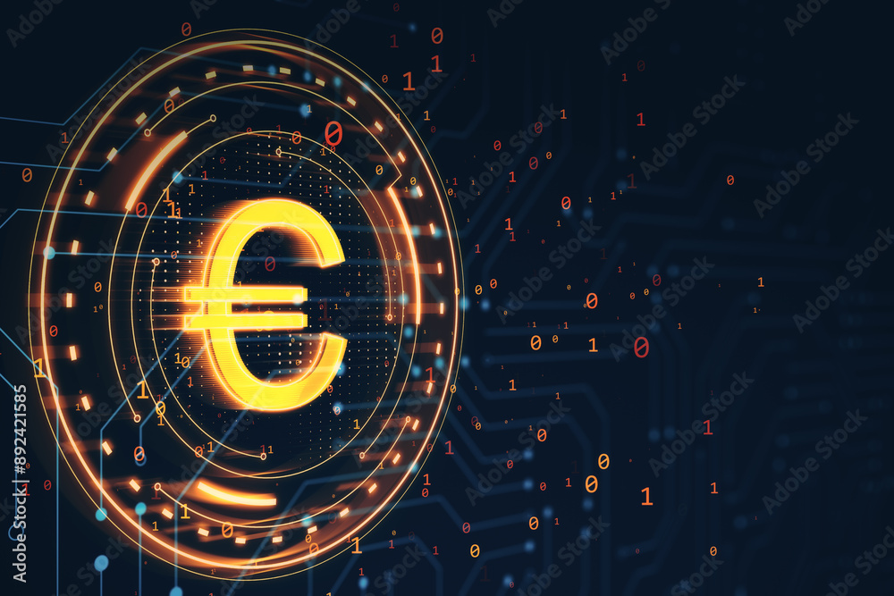Poster digital euro symbol in neon light on dark tech background. 3d rendering