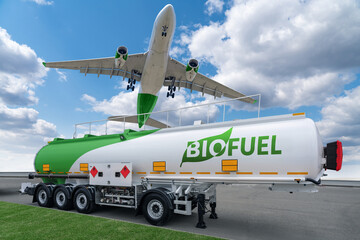Airplane and biofuel tank trailer. New energy sources.
