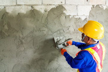 A worker plastering a wall with cement, carefully smoothing out the surface in a new house under construction.