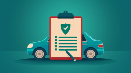 Illustration of car insurance concept with a clipboard, checklist, and car on a blue background, representing vehicle protection.
